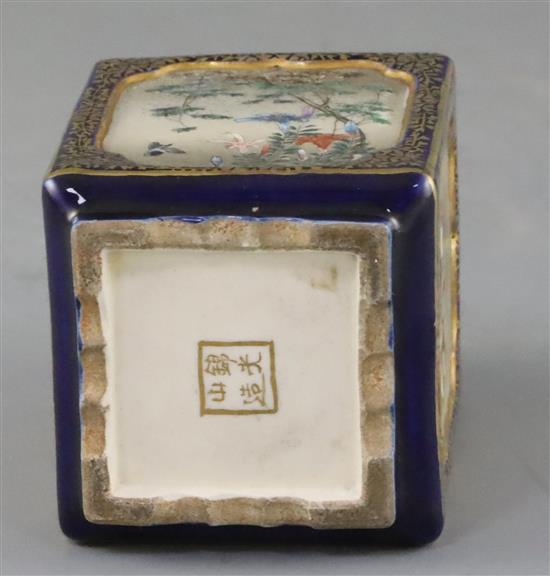 A Japanese Satsuma pottery square tea caddy and cover, by Kinkozan, Meiji period, H.9cm